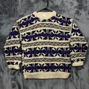 Country River Sweater Mens XL Cream Purple Good Hand Knit Wool Fair Isle Ecuador